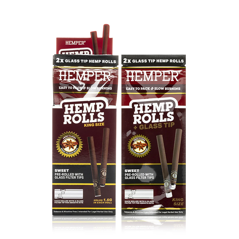 HEMPER - 2PK KING SIZE ROLLS WITH GLASS TIPS - HEMP PAPER - SWEET (DISPLAY)