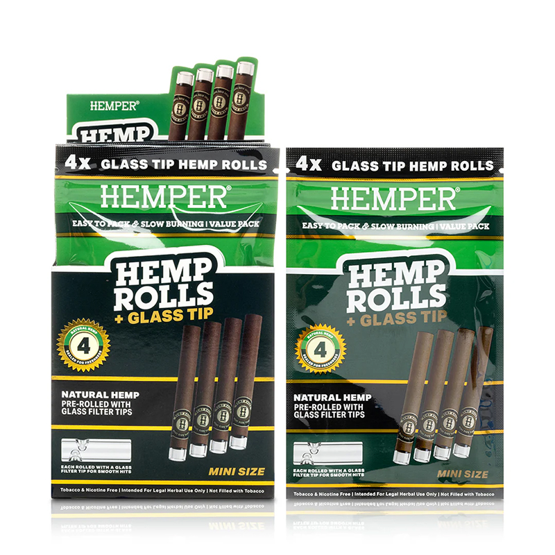 HEMPER - 4PK MINI ROLLS WITH GLASS TIPS - HEMP PAPER (DISPLAY)