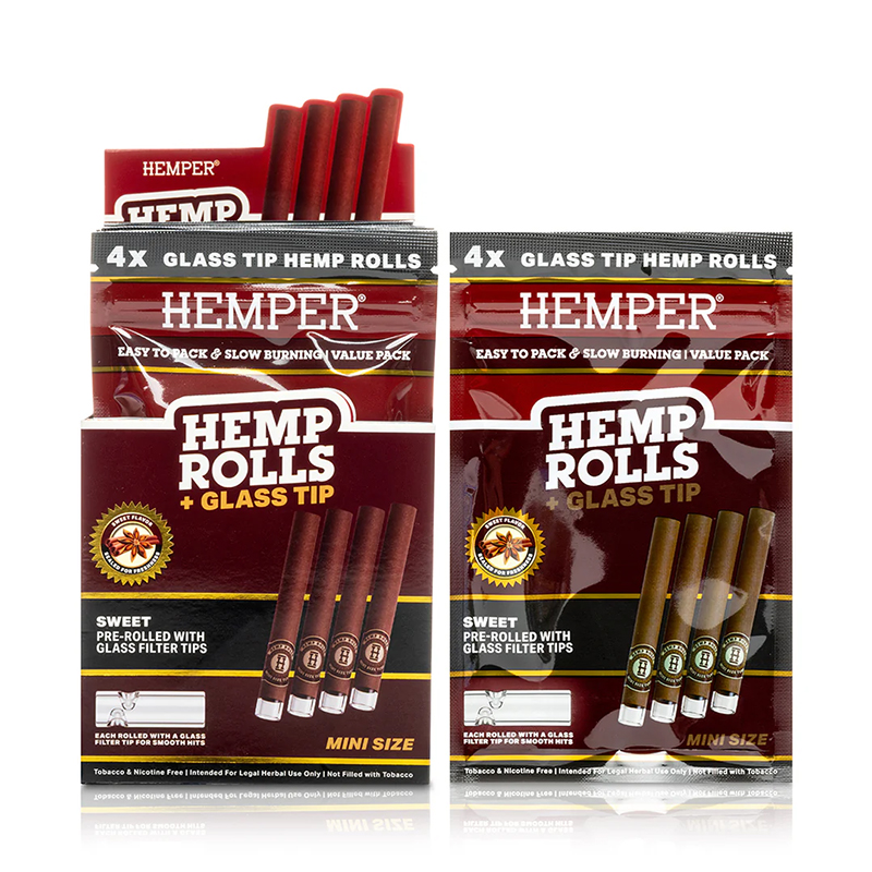 HEMPER - 4PK MINI ROLLS WITH GLASS TIPS - HEMP PAPER - SWEET (DISPLAY)