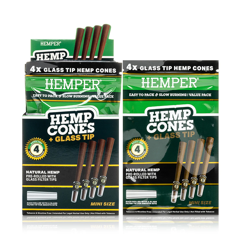 HEMPER - 1 1/4 4PK HEMP CONES WITH GLASS TIPS - HEMP PAPER (DISPLAY)