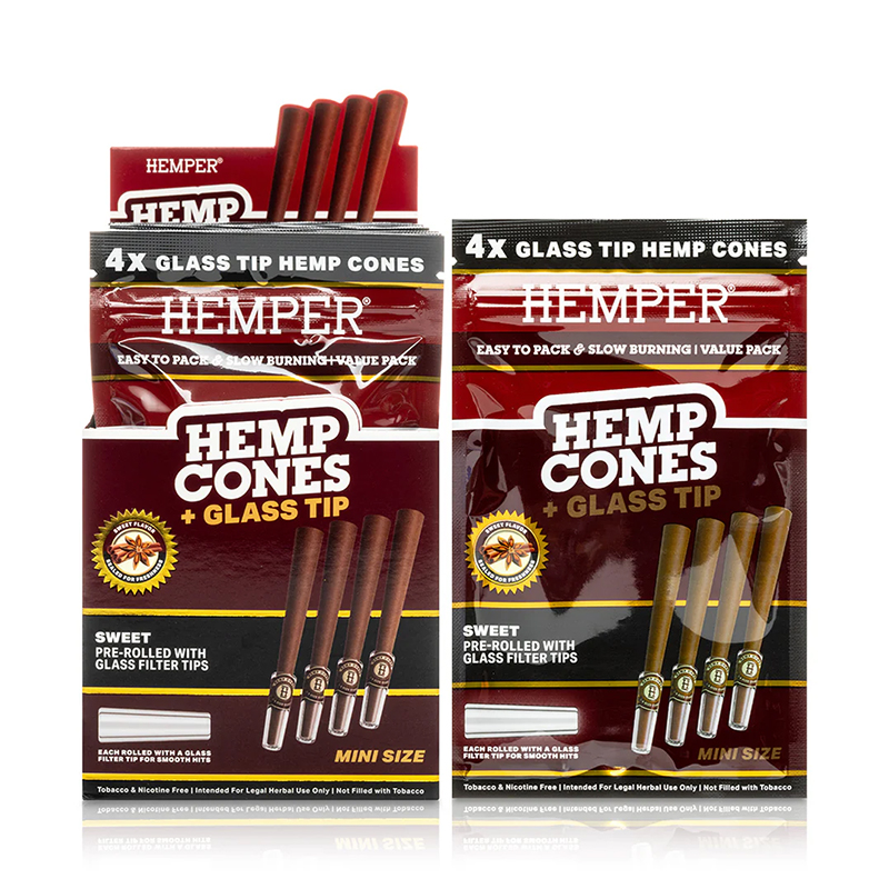 HEMPER - 1 1/4 4PK HEMP CONES WITH GLASS TIPS - HEMP PAPER - SWEET (DISPLAY)
