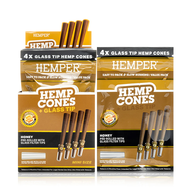 HEMPER - 1 1/4 4PK HEMP CONES WITH GLASS TIPS - HEMP PAPER - HONEY (DISPLAY 12 UNI)