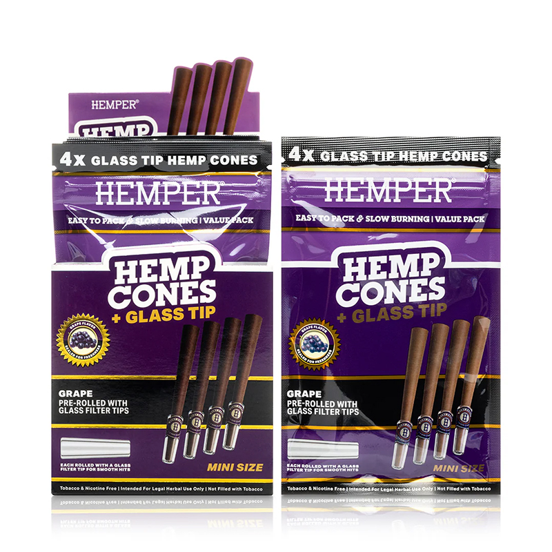 HEMPER - 1 1/4 4PK HEMP CONES WITH GLASS TIPS - HEMP PAPER - GRAPE (DISPLAY 12 UNI)