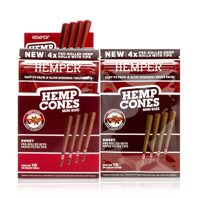 HEMPER - 1 1/4 4PK HEMP CONES BASIC - HEMP PAPER - SWEET (DISPLAY 12 UNI)