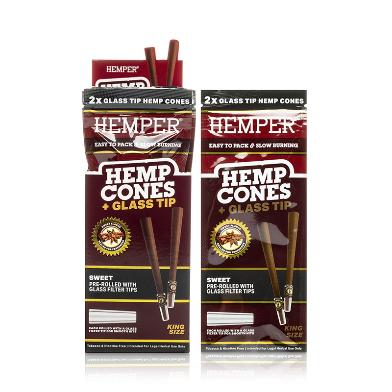 HEMPER - 2PK KING SIZE CONES WITH GLASS TIPS - HEMP PAPER - SWEET (DISPLAY)