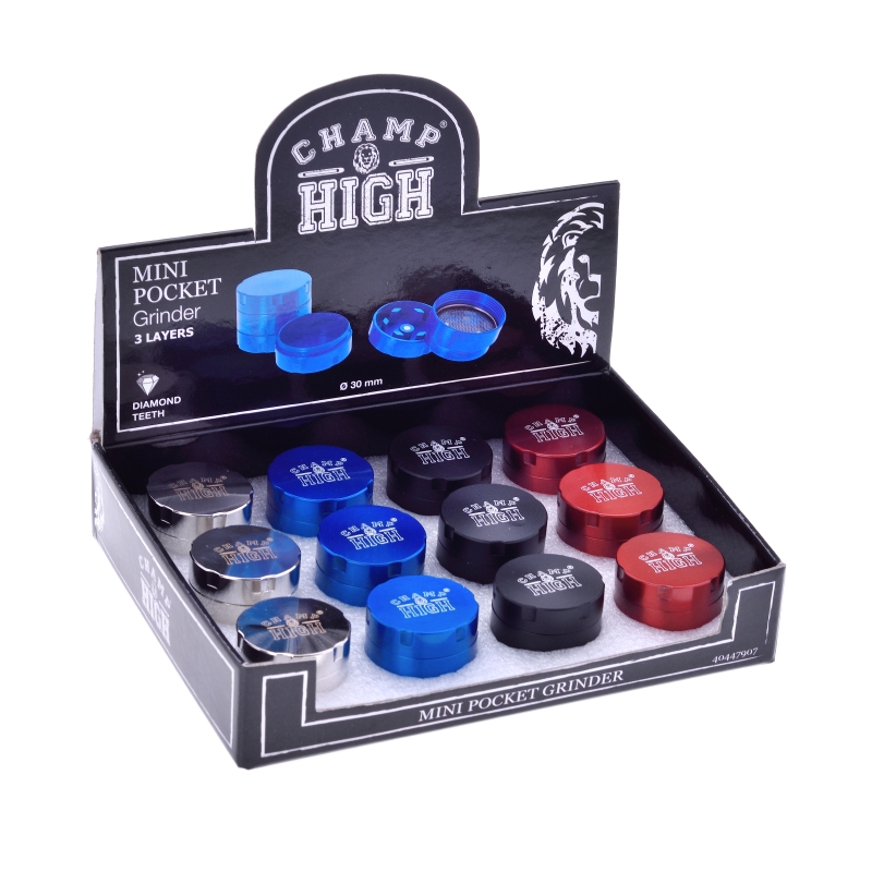 MINI POCKET GRINDER (30 MM) - DISPLAY 12 UNITS - VARIOUS COLORS - CHAMP HIGH