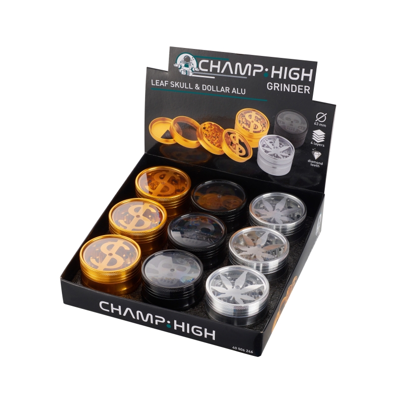 GRINDER HOJA, CALAVERA, DOLAR  (63MM) - DISPLAY 9 UNIDADES - COLORES VARIOS - CHAMP HIGH