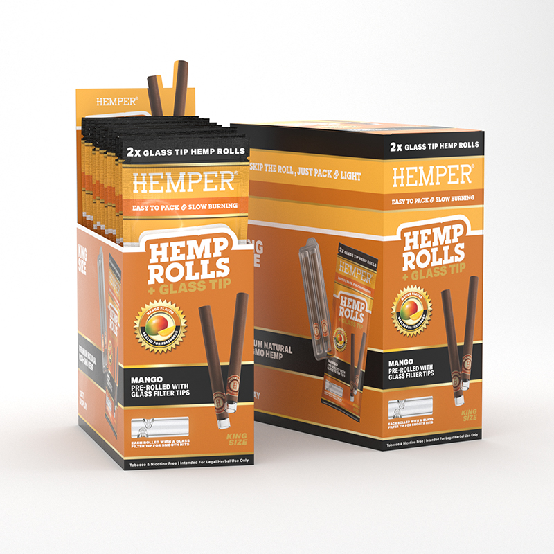 HEMPER - 2PK KING SIZE ROLLS WITH GLASS TIPS - HEMP PAPER - MANGO (DISPLAY 12 UNI)