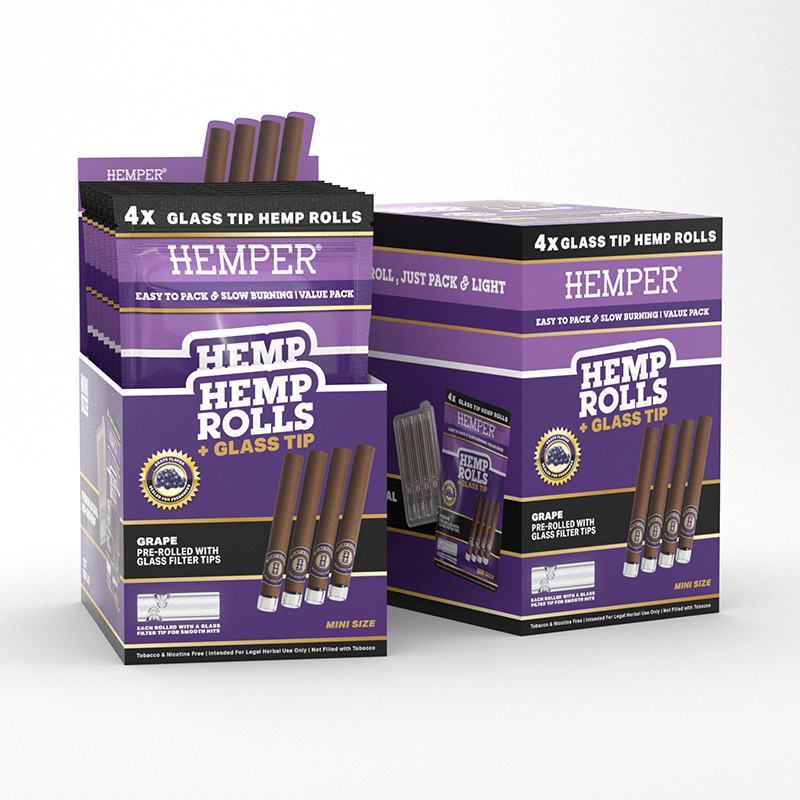 HEMPER - 4PK MINI ROLLS WITH GLASS TIPS - HEMP PAPER - GRAPE (DISPLAY 12 UNI)