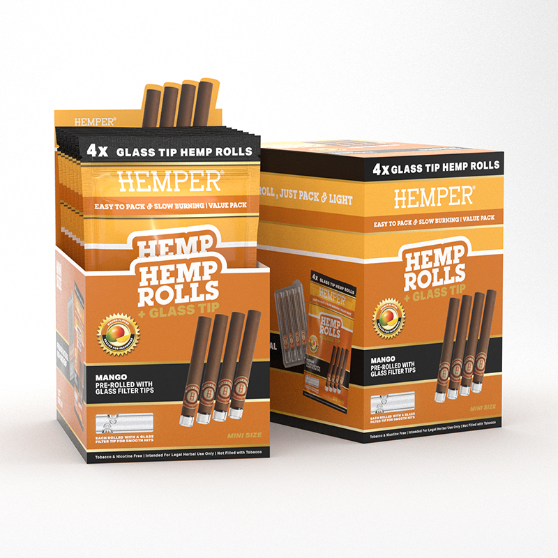 HEMPER - 4PK MINI ROLLS WITH GLASS TIPS - HEMP PAPER - MANGO (DISPLAY 12 UNI)
