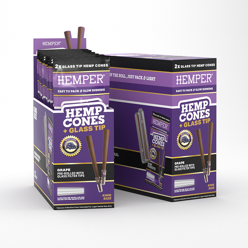 HEMPER - 2PK KING SIZE CONES WITH GLASS TIPS - HEMP PAPER - GRAPE (DISPLAY 12 UNI)