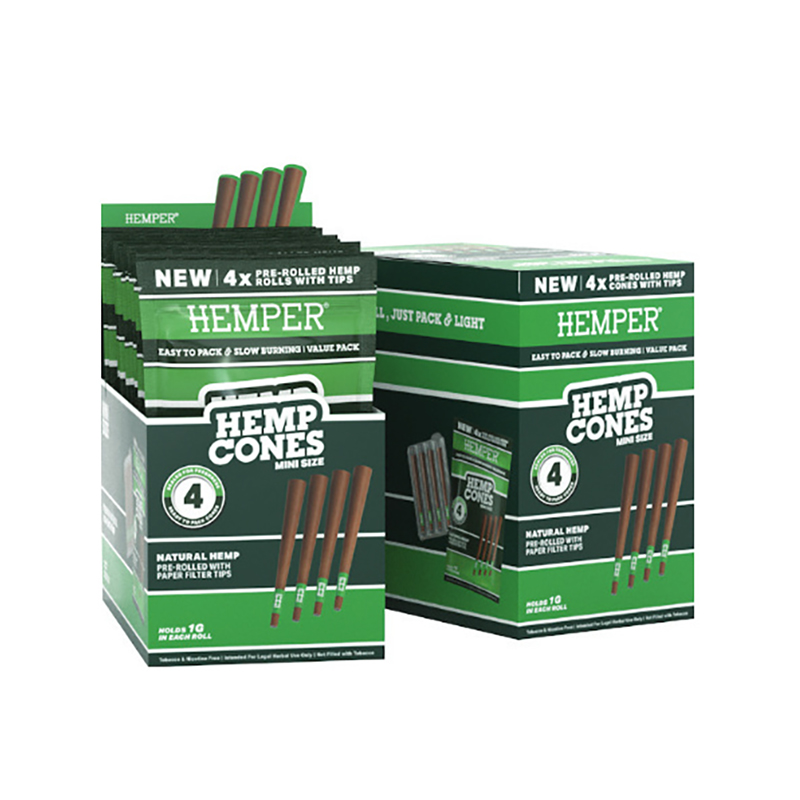 HEMPER - 1 1/4 4PK HEMP CONES BASIC - HEMP PAPER (DISPLAY 12 UNI)