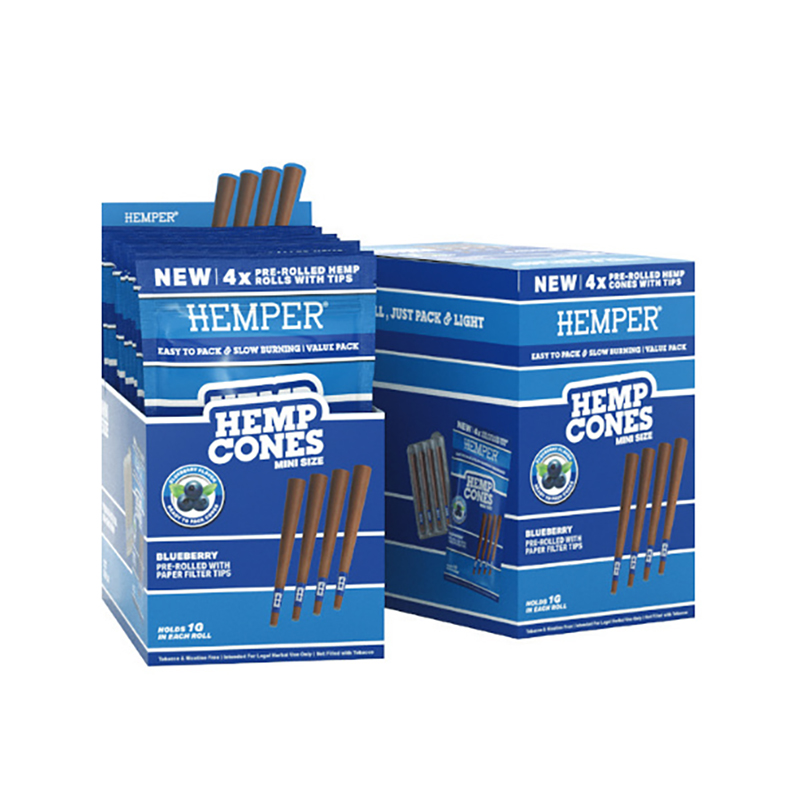 HEMPER - 1 1/4 4PK HEMP CONES BASIC - HEMP PAPER - BLUEBERRY (DISPLAY 12 UNI)