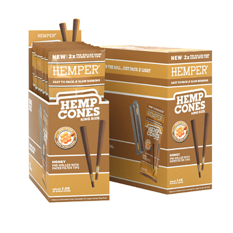 HEMPER - 2PK KING SIZE CONES BASIC - HEMP PAPER - HONEY (DISPLAY 12 UNI)